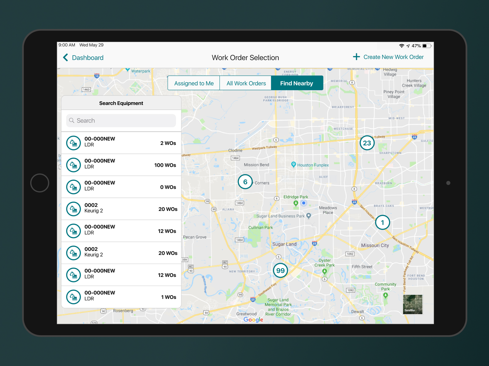 Equipment360 work order selection on a map view