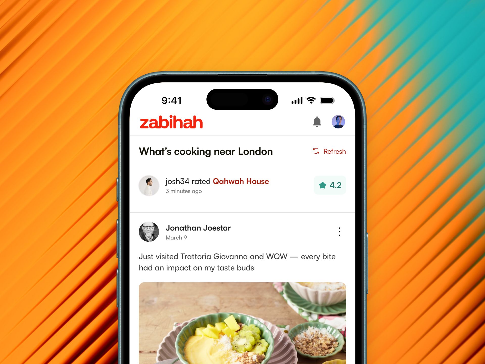 Zabihah mobile app screen showing the community feed with a rating and a restaurant visit post