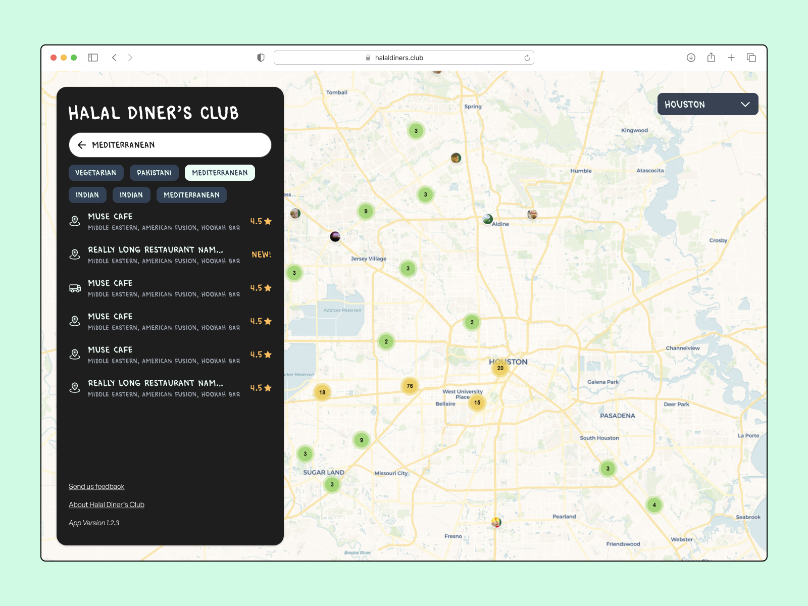 Halal Diner's Club restaurant discovery map interface