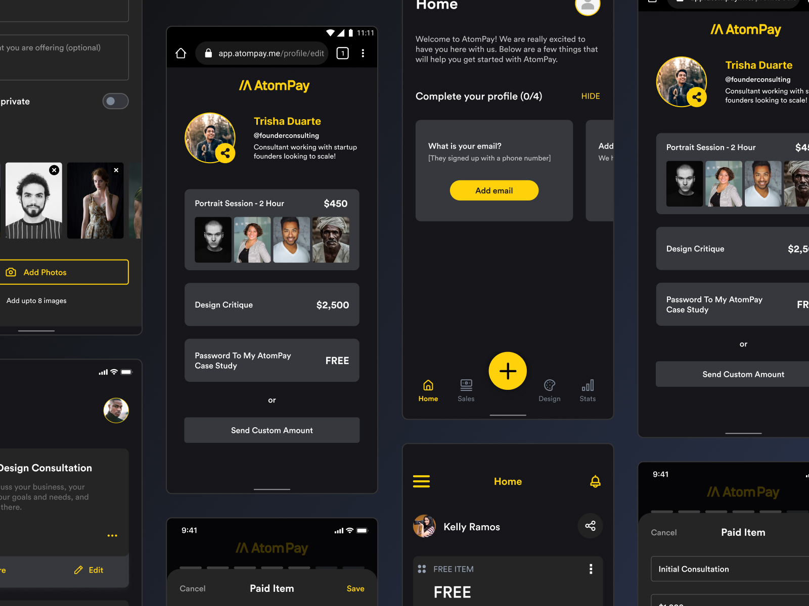 AtomPay mobile application screens