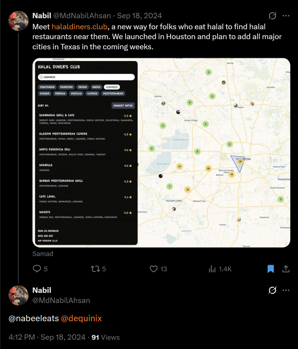 Tweet announcing Halal Diner's Club, showing the map and restaurant list interface