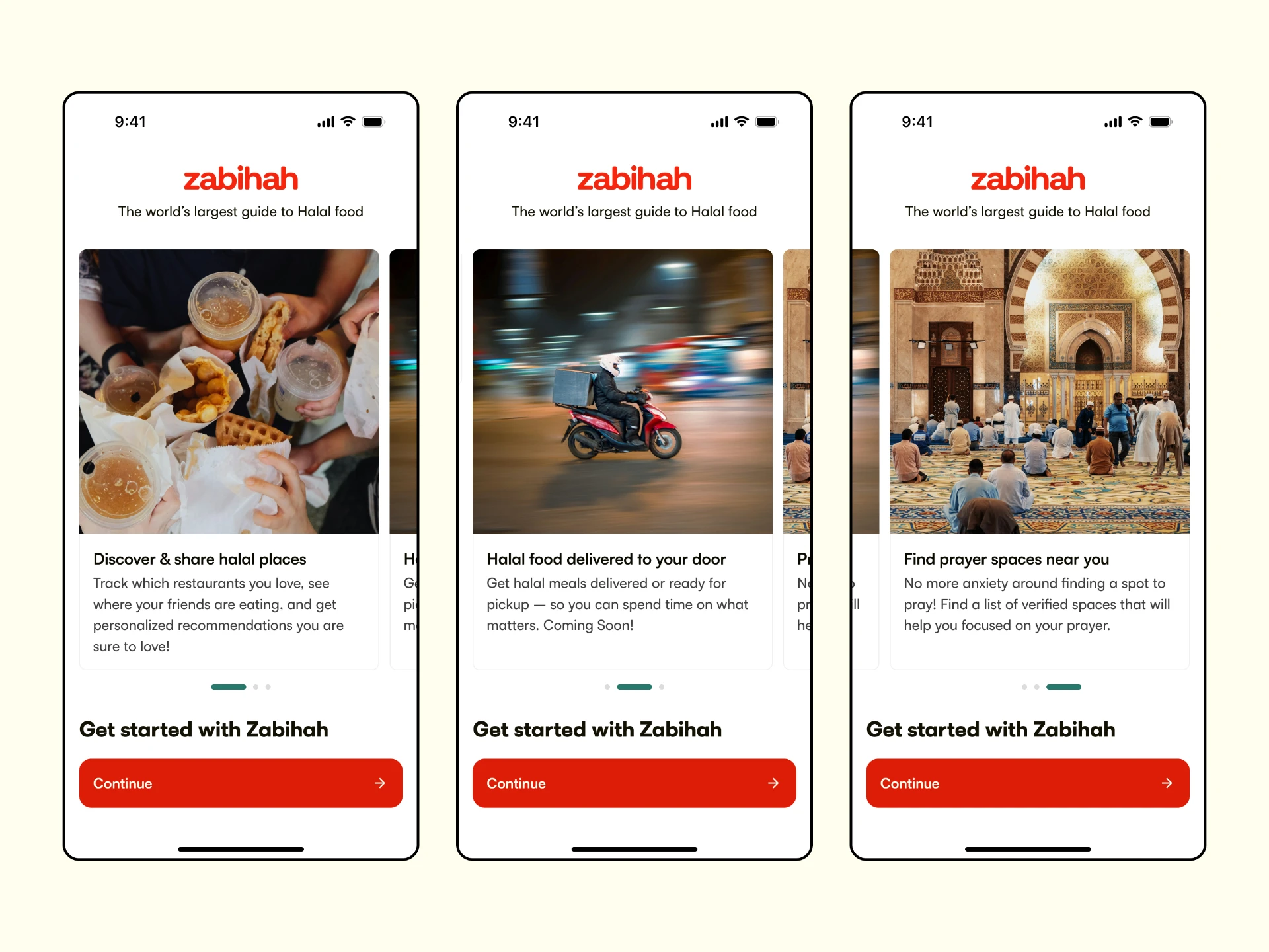 Zabihah welcome screens showing the onboarding experience