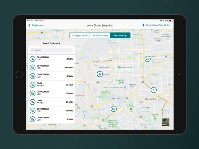 Equipment360 map view showing equipment locations across a job site on iPad