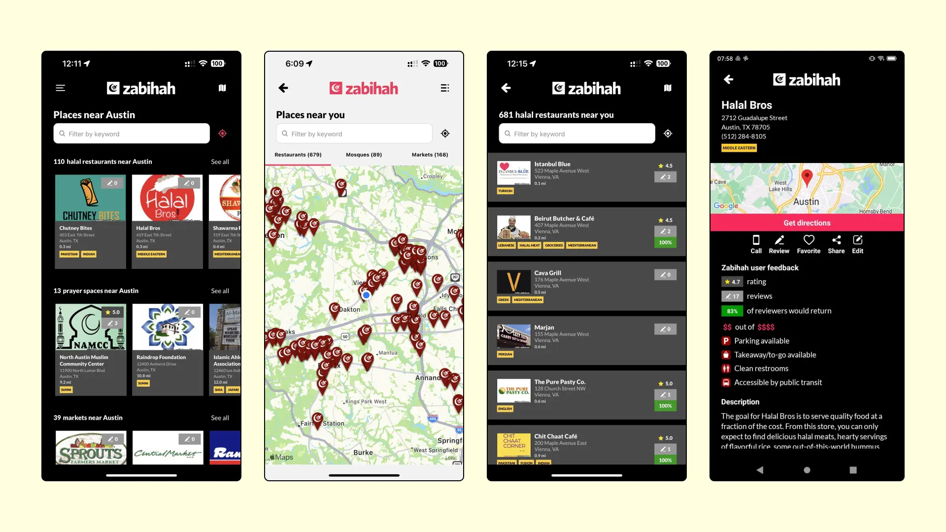 Four Zabihah app screens side by side: a discovery home screen, a map of nearby places, a restaurant results list, and a restaurant detail page